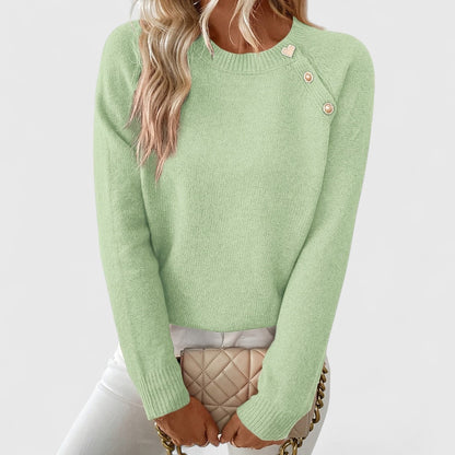 Comfortable Ribbed Knit Sweatshirt for Women with Crew Neck Long Sleeve Pearl Button Detail Style