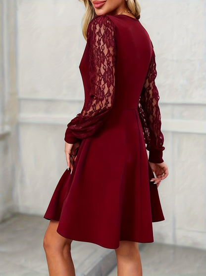 Elegant Lace Christmas Party Dress for Women with V Neck Lantern Sleeve A Line Belted Style