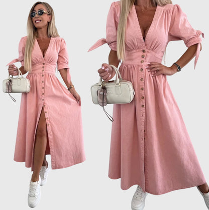 Effortless Denim Midi Dress for Women with V-Neck Button Front Elbow Sleeve Casual Style