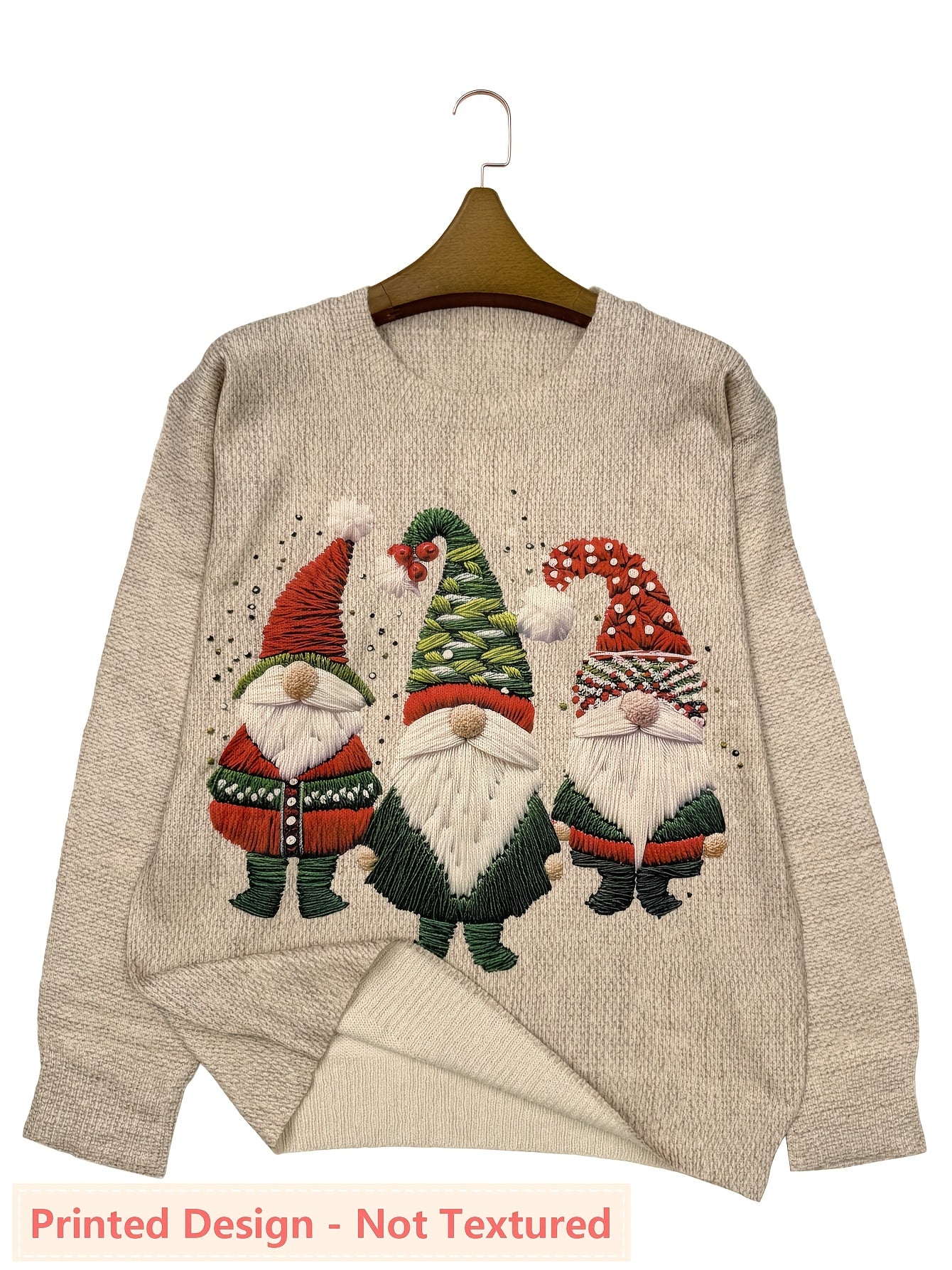 Cozy Embroidered Gnome Print Women's Christmas Sweater with Crew Neck Long Sleeve Oversized Knit Style
