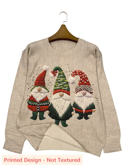 Cozy Embroidered Gnome Print Women's Christmas Sweater with Crew Neck Long Sleeve Oversized Knit Style