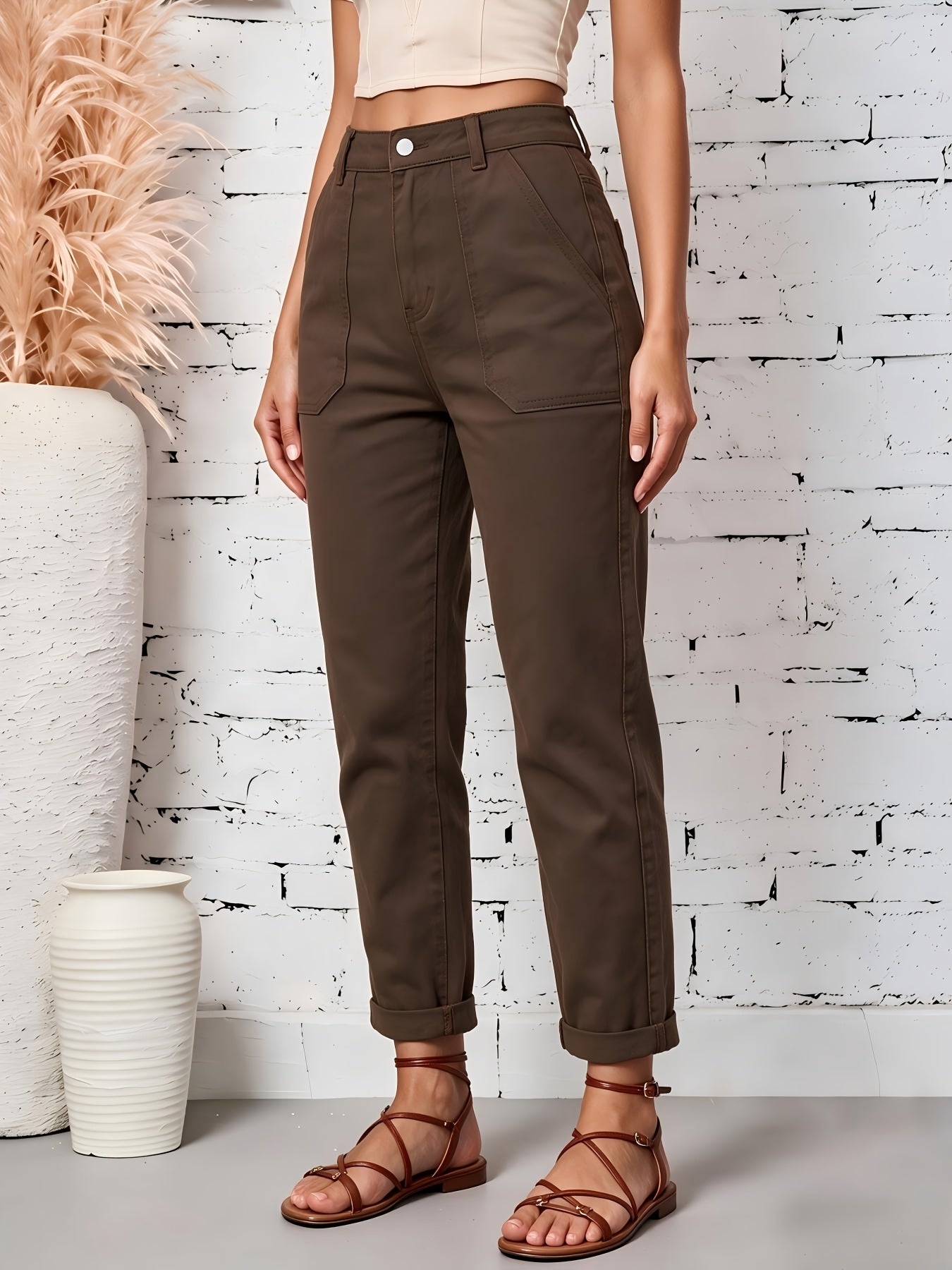 Effortless Coffee Brown Cotton Trousers for Women with High Waist Patch Pocket Cuffed Hem Relaxed Style