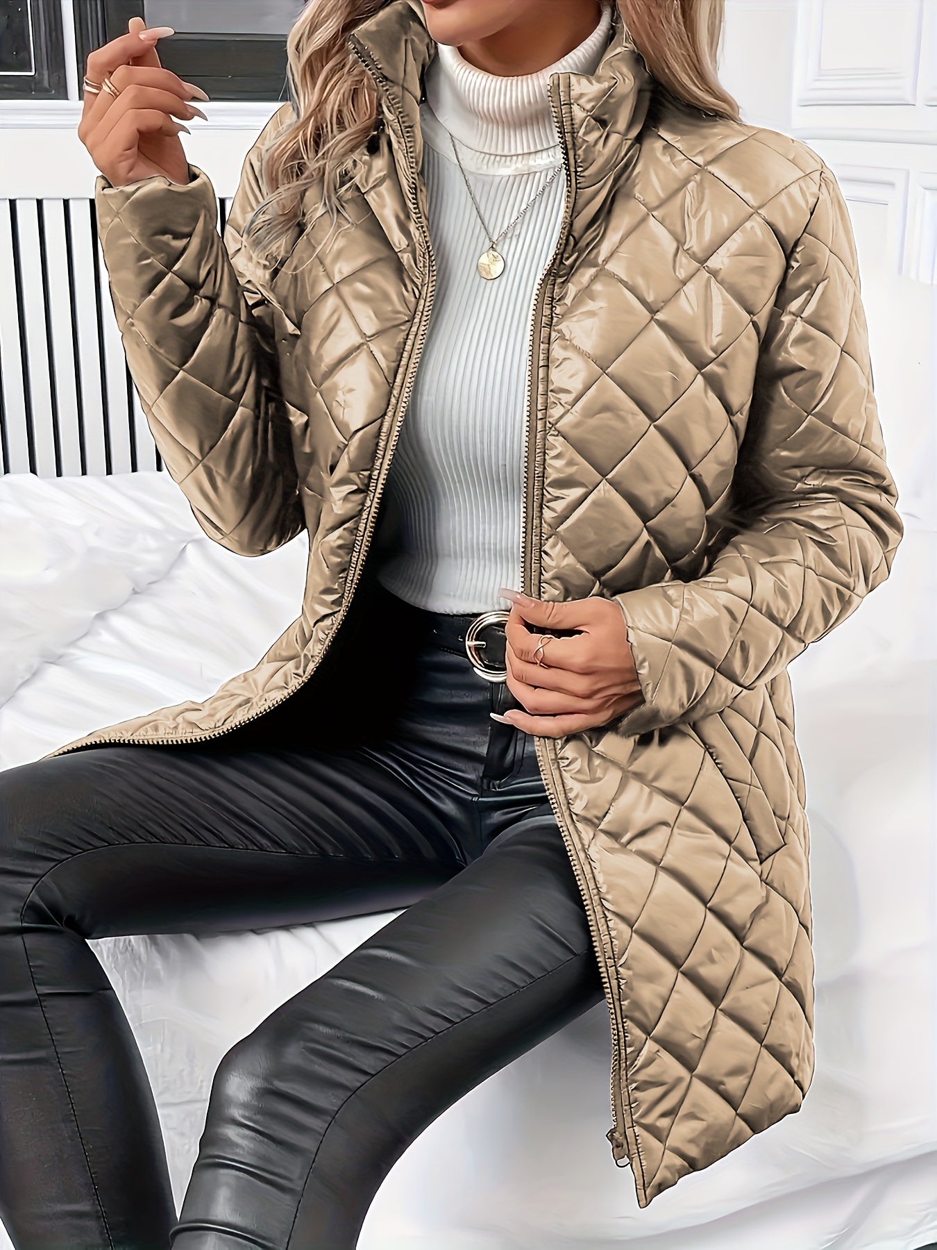 Elegant Coffee Brown Quilted Coat for Women with Stand Collar Long Sleeve Zip Front Longline Style