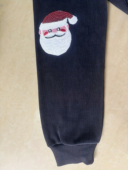 Cozy Dark Gray Santa Print Christmas Tacky Sweater for Women with Crew Neck Long Sleeve Oversized Ribbed Knit Style