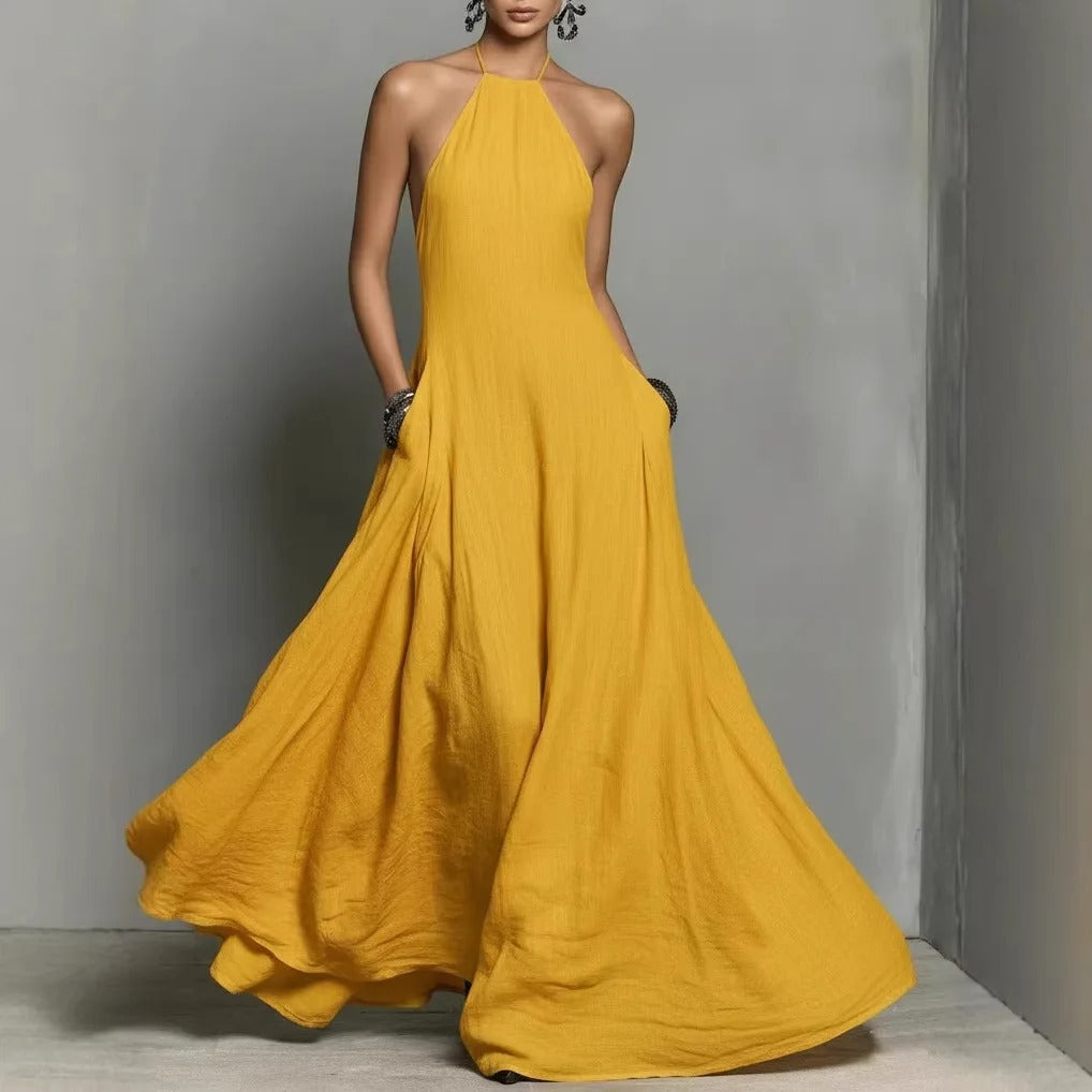 Elegant Maxi Dress for Women with Halter Neck Sleeveless Flowing Formal Style
