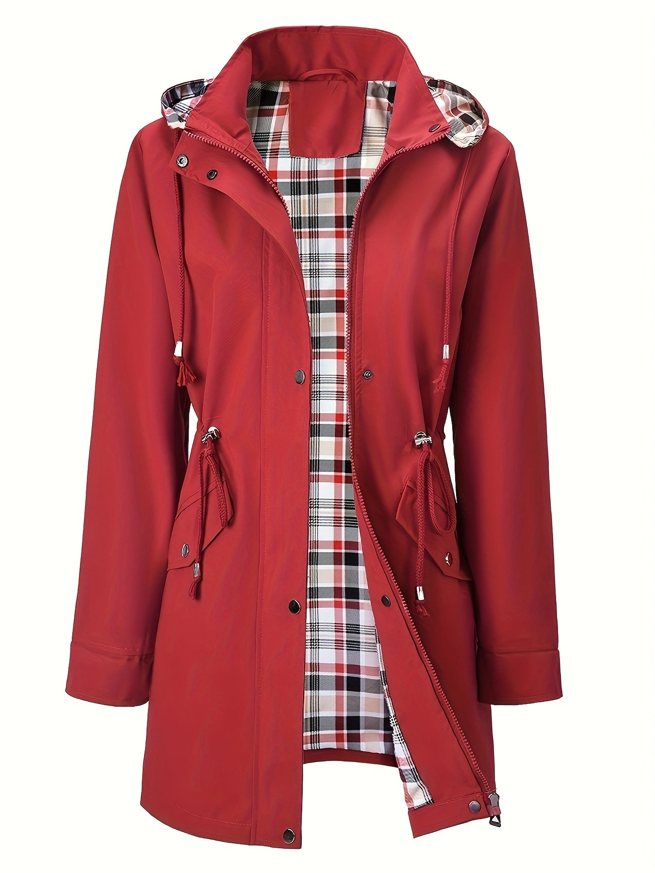 Stylish Red Hooded Rainwear Jacket for Women with Plaid Lining Drawstring Waist Zip Front Outdoor Style
