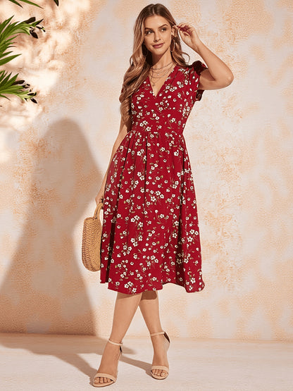 Elegant Burgundy Floral Mini Dress for Women with V Neck Flutter Sleeve Fit and Flare Style