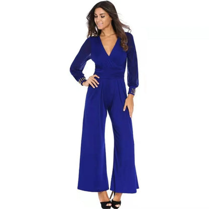 Elegant Wedding Guest Jumpsuit for Women with V Neck Sheer Sleeve Wide Leg Formal Style