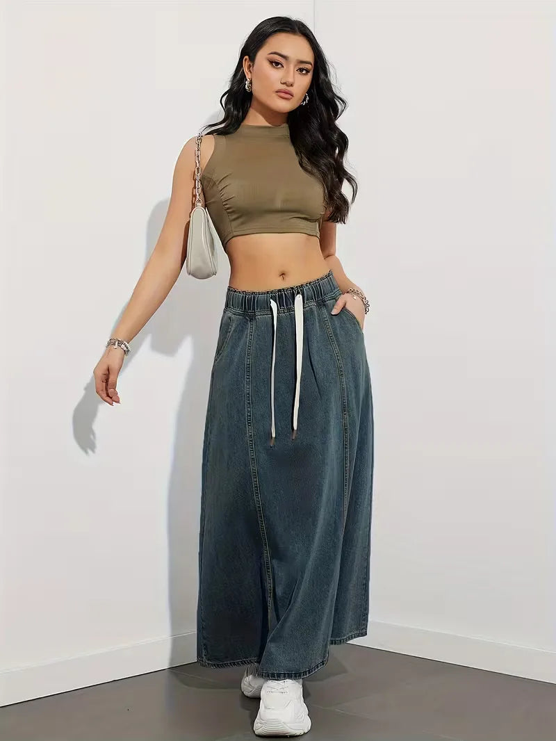 Effortless Denim Skirt for Women with High Waist Drawstring A Line Side Slit Style