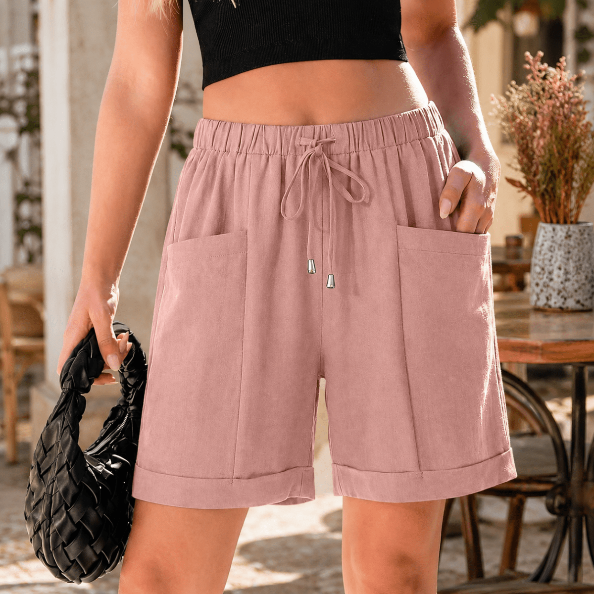 Effortless Linen Shorts for Women with High Waist Drawstring Cuffed Hem Relaxed Style
