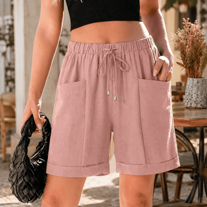 Effortless Linen Shorts for Women with High Waist Drawstring Cuffed Hem Relaxed Style