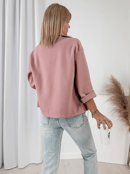 Effortless Pink Pea Coat for Women with Notched Lapel Long Sleeve Double Breasted Cropped Casual Style