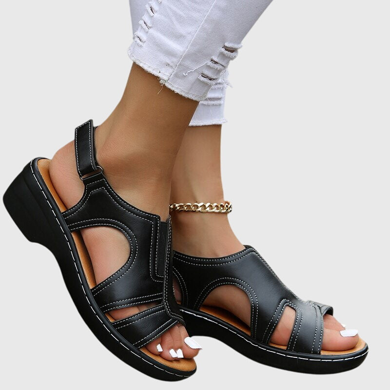 Comfortable Orthopedic Sandals for Women with Cutout Leather Upper Wedge Heel Slingback Open Toe Casual Style