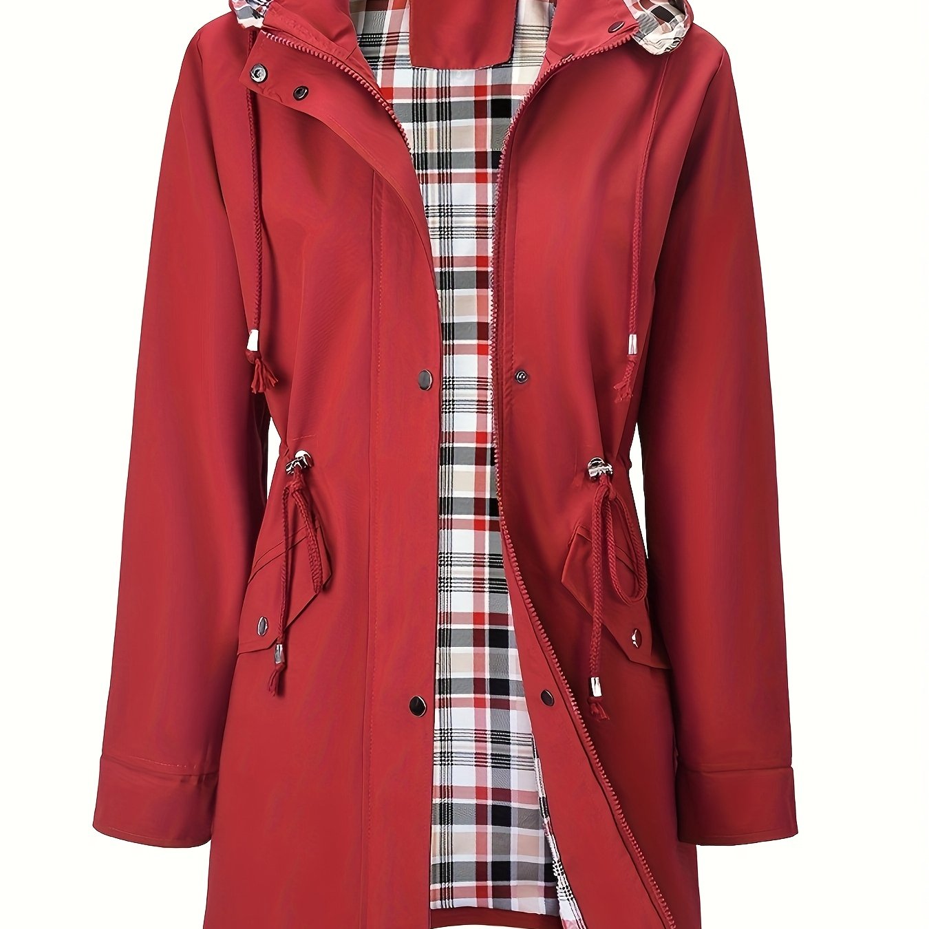 Stylish Red Hooded Rainwear Jacket for Women with Plaid Lining Drawstring Waist Zip Front Outdoor Style