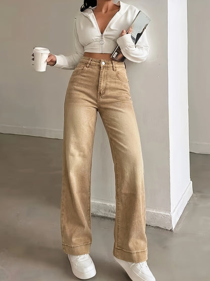 Effortless Brown Wash Flare Jeans for Women with High Waist Button Front Pocket Detail Relaxed Style