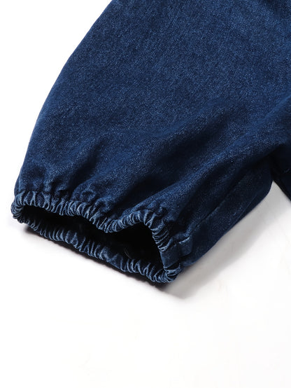 Effortless Blue Denim Dress for Women with Round Neck Elbow Sleeve Button Front Tiered Maxi Style