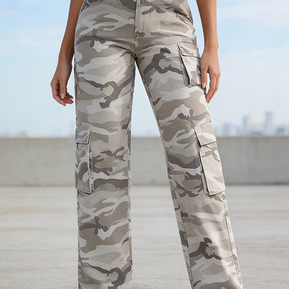 Effortless Grey Camo Pants for Women with High Waist Cargo Pocket Wide Leg Relaxed Style