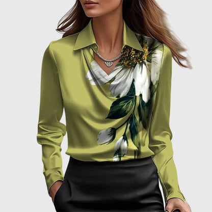 Elegant Satin Long Sleeve Shirt for Women with Cowl Neck Collar Relaxed Silky Style
