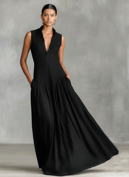 Effortless Black Dress for Women with Collar V Neck Button Front Sleeveless Flared Linen Casual Maxi Style