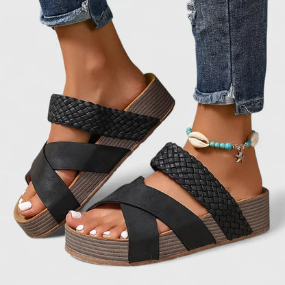 Comfortable Orthopedic Sandals for Women with Woven Crossover Strap Wedge Platform Slip On Open Toe Style
