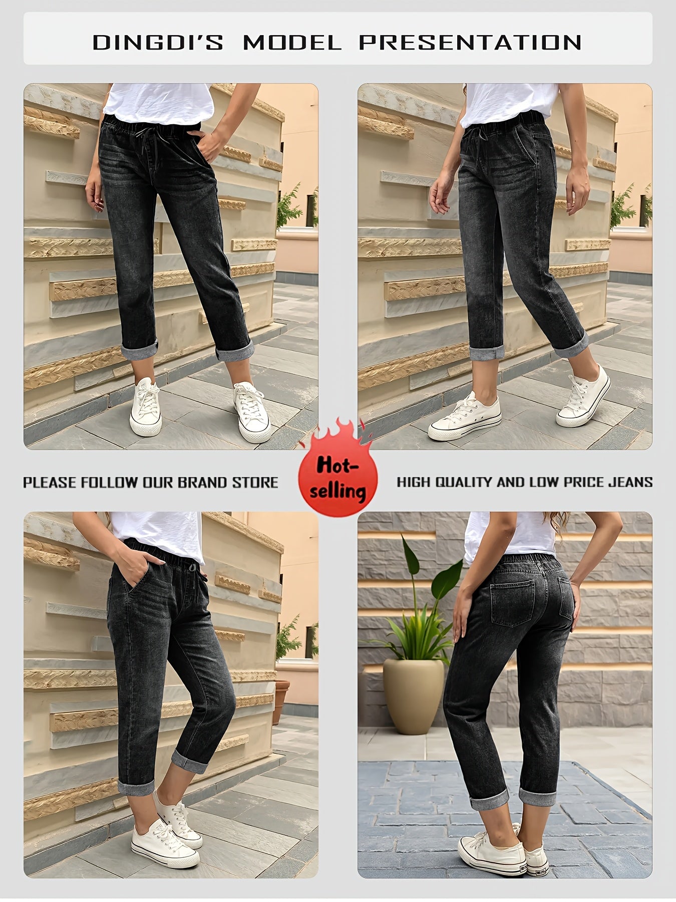 Effortless Black Denim Mom Jeans for Women with High Waist Drawstring Cuffed Tapered Style