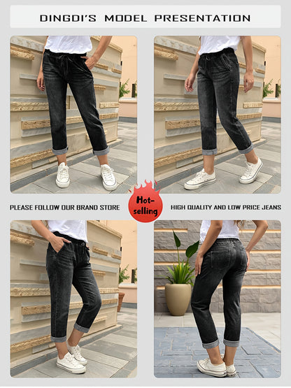 Effortless Black Denim Mom Jeans for Women with High Waist Drawstring Cuffed Tapered Style