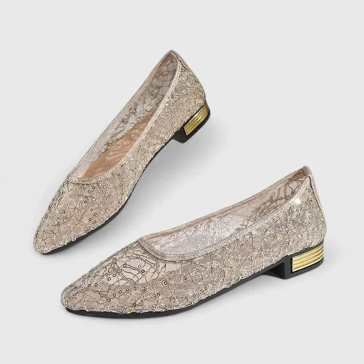 Elegant Lace Wedding Shoes for Women with Pointed Toe and Gold Heel Detail