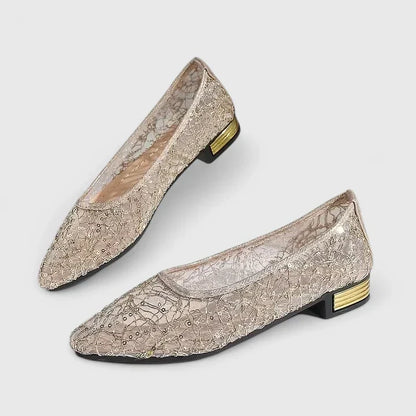 Elegant Lace Wedding Shoes for Women with Pointed Toe and Gold Heel Detail