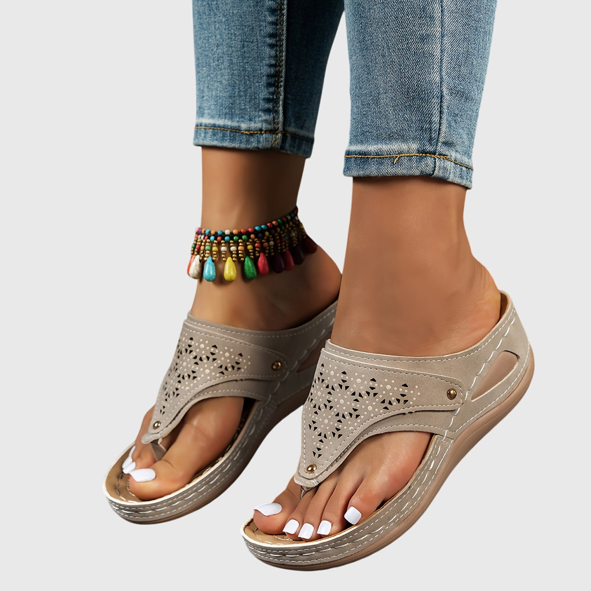 Comfortable Orthopedic Sandals for Women with Laser Cut Buckle Strap Toe Loop Wedge Platform Flip Flop Style