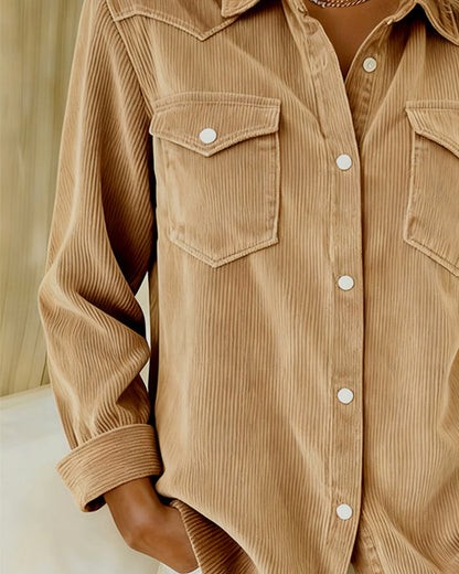 Effortless Corduroy Collar Shirt for Women with Long Sleeve Button Front Chest Pocket Relaxed Style