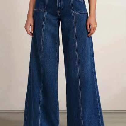Effortless Blue Denim High Waisted Jeans for Women with Wide Leg Pintuck Seam Relaxed Style