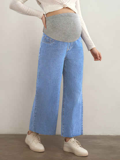 Effortless Blue Denim Maternity Jeans for Women with Wide Leg Belly Band Relaxed Casual Style