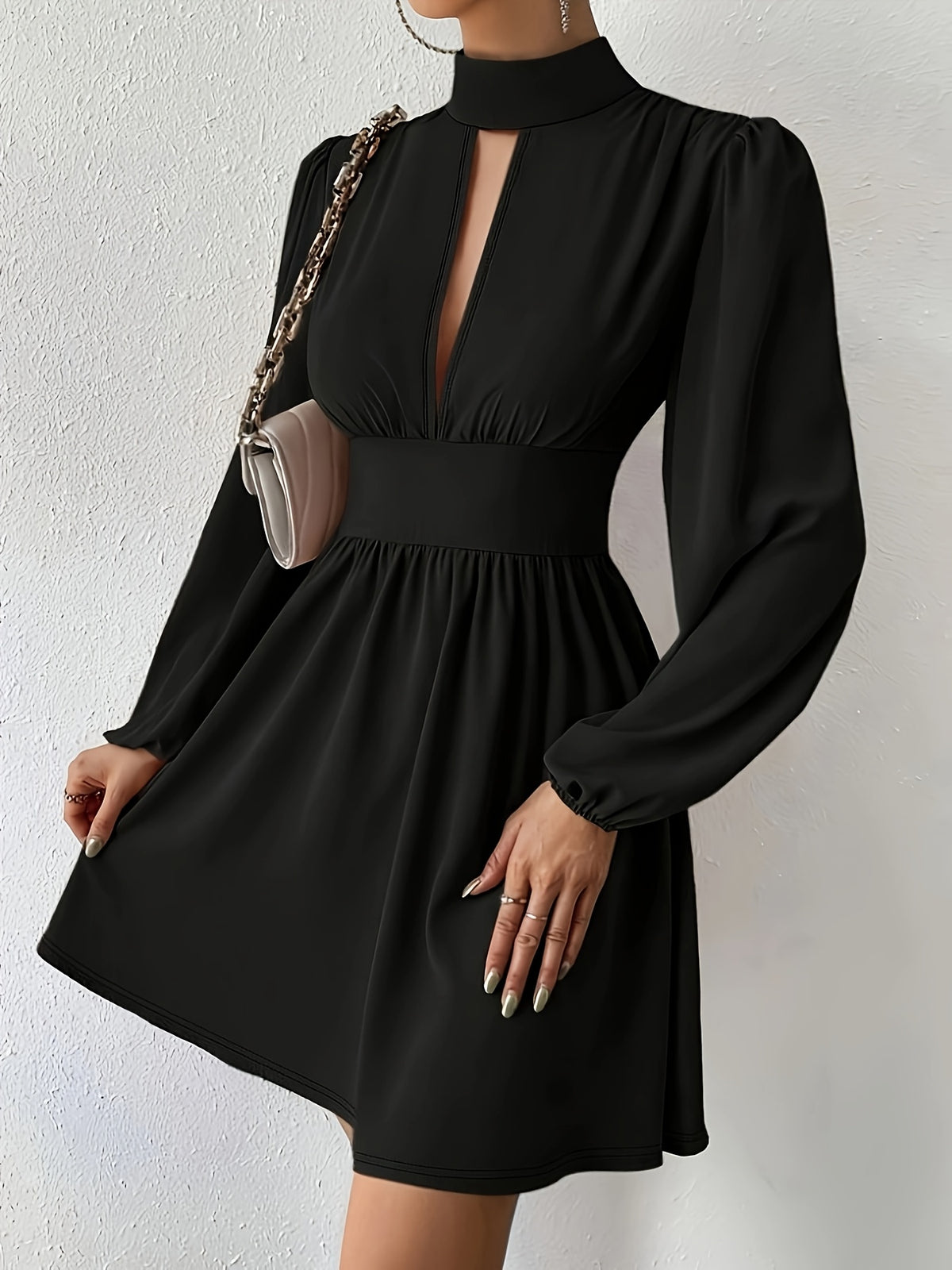 Chic Black Semi Formal Dress for Women with Mock Neck Keyhole Long Sleeve Fit and Flare Mini Party Style