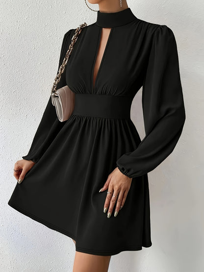 Chic Black Semi Formal Dress for Women with Mock Neck Keyhole Long Sleeve Fit and Flare Mini Party Style