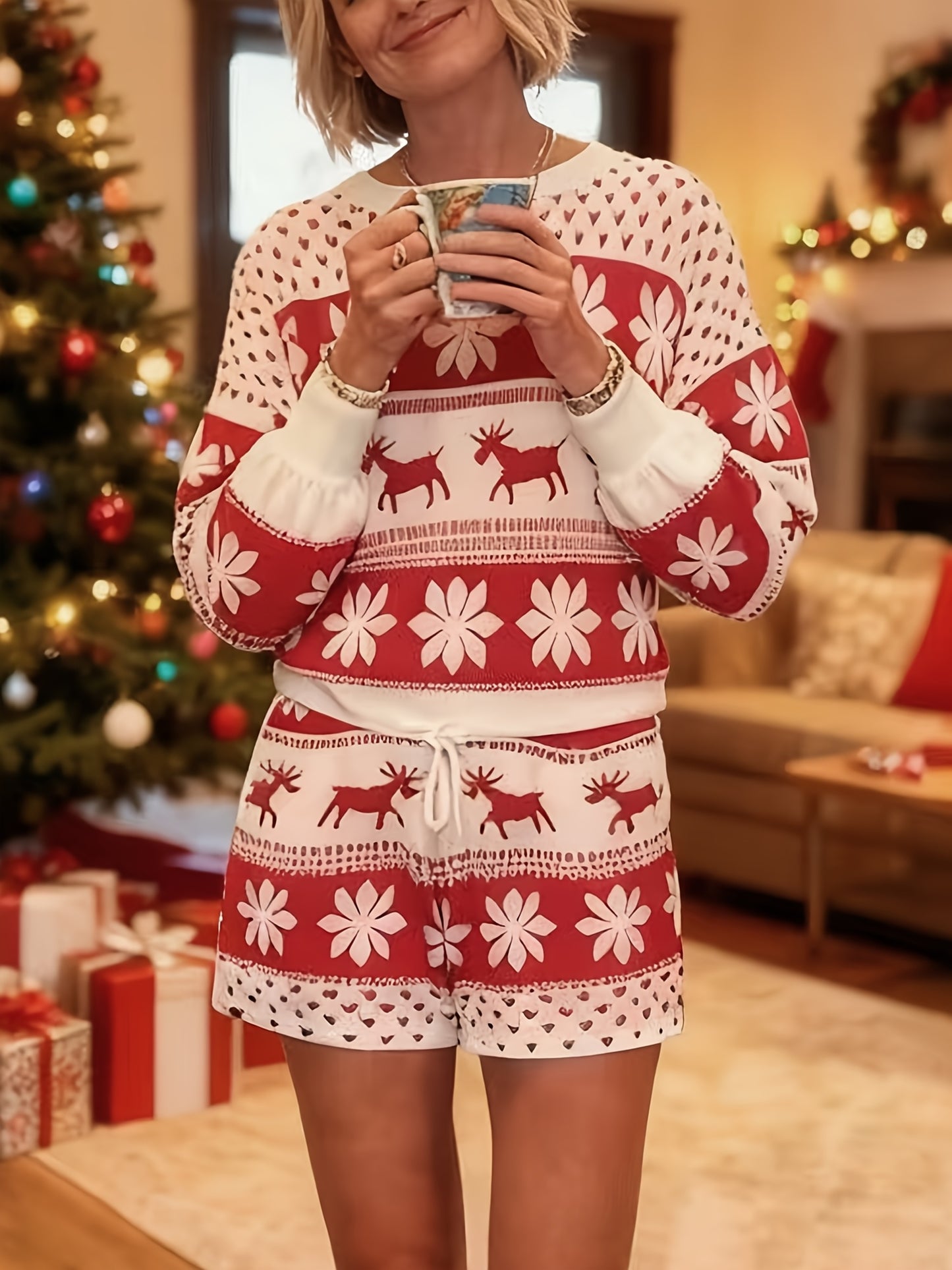 Cozy Red White Snowflake Christmas Holiday Pajamas for Women with Round Neck Long Sleeve Reindeer Two Piece Style