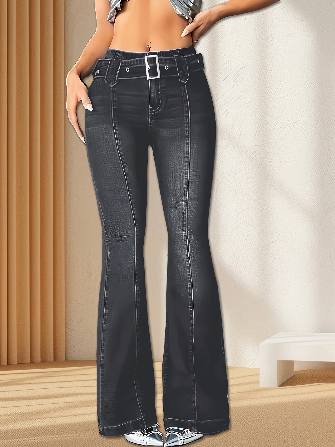 Effortless Dark Blue Flare Jeans for Women with High Waist Belted Contrast Stitch Relaxed Style