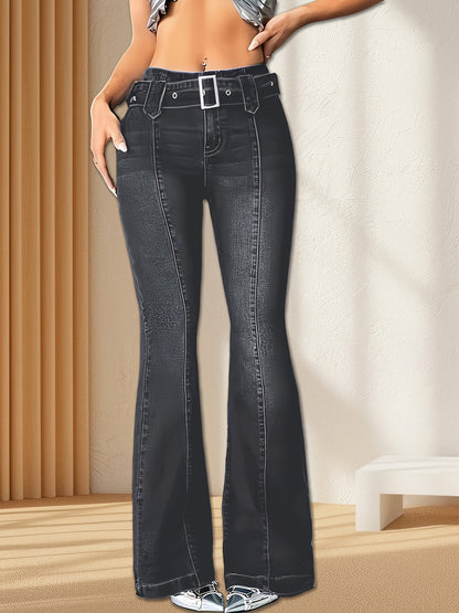 Effortless Dark Blue Flare Jeans for Women with High Waist Belted Contrast Stitch Relaxed Style