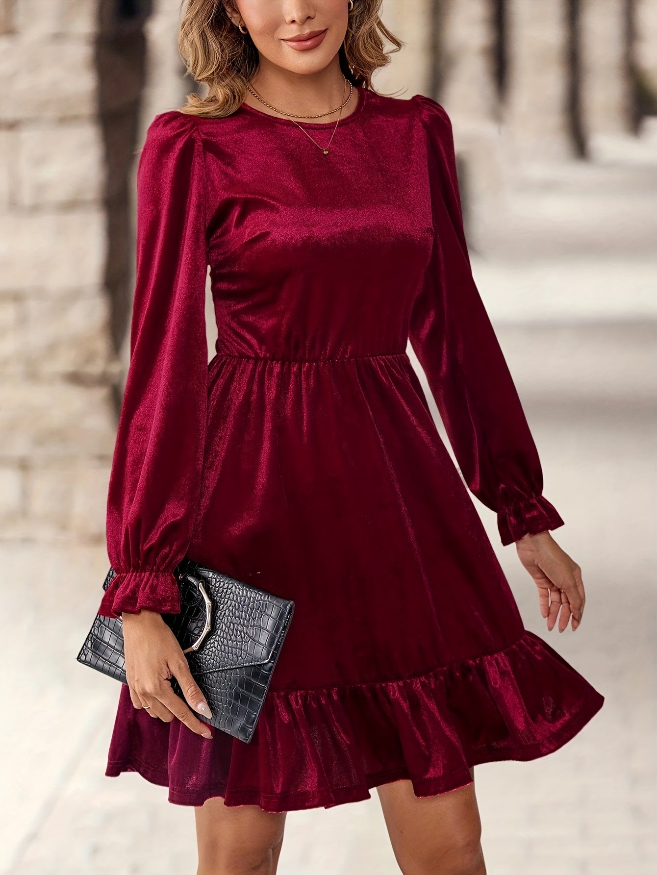 Elegant Burgundy Velvet Christmas Attire Dress for Women with Round Neck Long Sleeve Ruffle Hem Flowing Style
