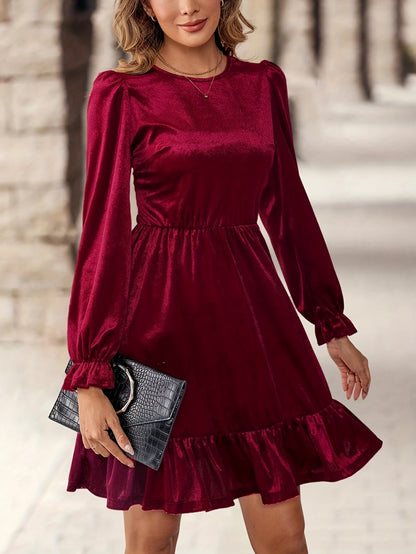 Elegant Burgundy Velvet Christmas Attire Dress for Women with Round Neck Long Sleeve Ruffle Hem Flowing Style