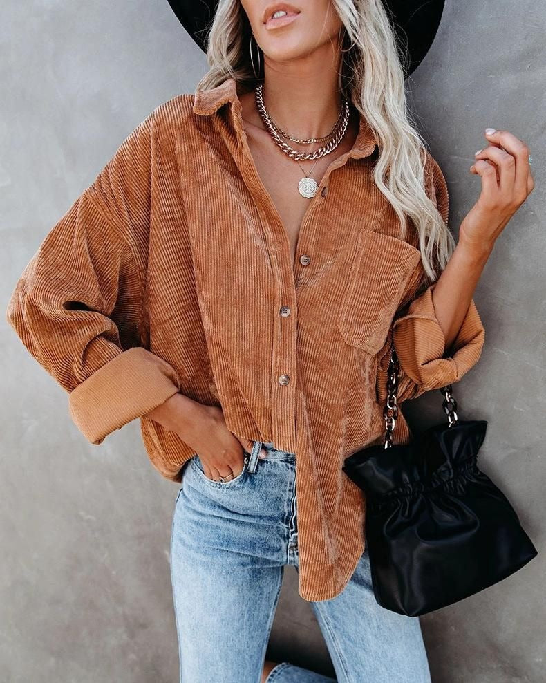 Effortless Corduroy Long Sleeve Shirt for Women with Collar Button Front Oversized Relaxed Casual Style