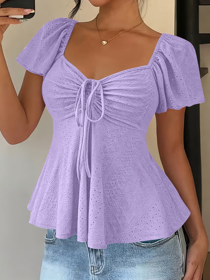 Elegant Eyelet Going Out Top for Women with Sweetheart Neck Flutter Sleeve Ruched Peplum Style