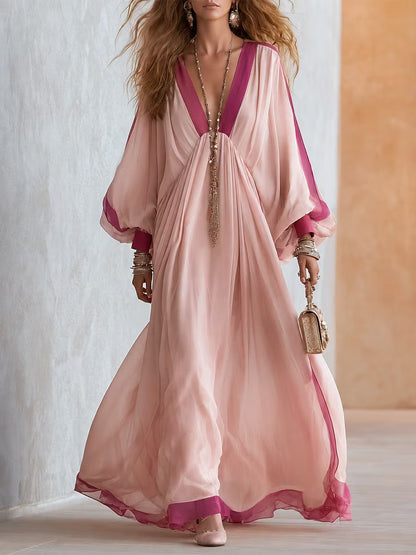 Elegant Pink Color Block Winter Wedding Guest Dress for Women with V Neck Bell Sleeve Flowing Bohemian Style