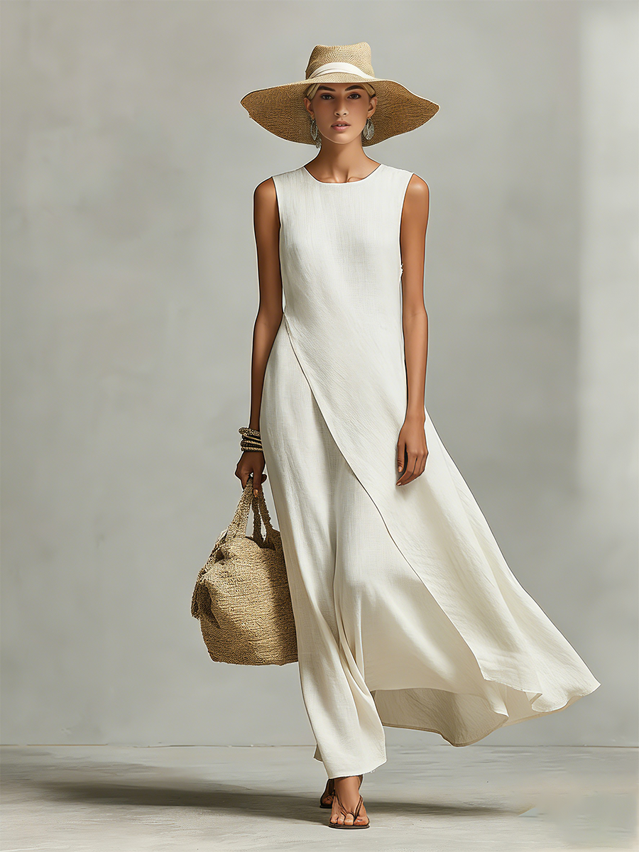 Effortless Ivory Linen Maxi Dress for Women with Crew Neck Asymmetric Hem Sleeveless Casual Summer Style