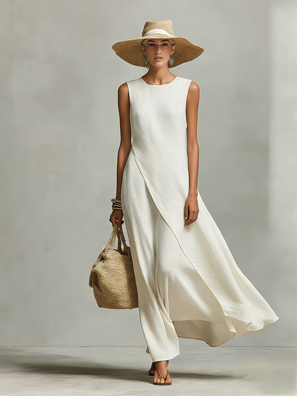 Effortless Ivory Linen Maxi Dress for Women with Crew Neck Asymmetric Hem Sleeveless Casual Summer Style