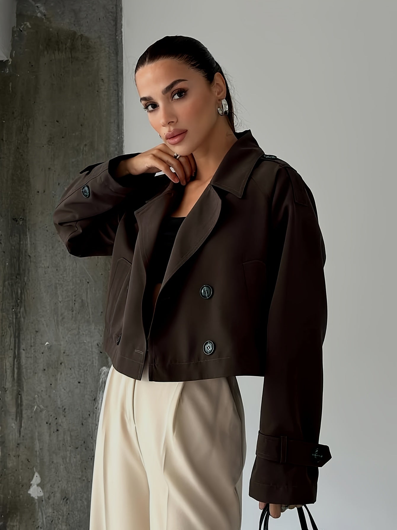 Elegant Coffee Brown Pea Coat for Women with Notched Lapel Long Sleeve Double Breasted Cropped Style