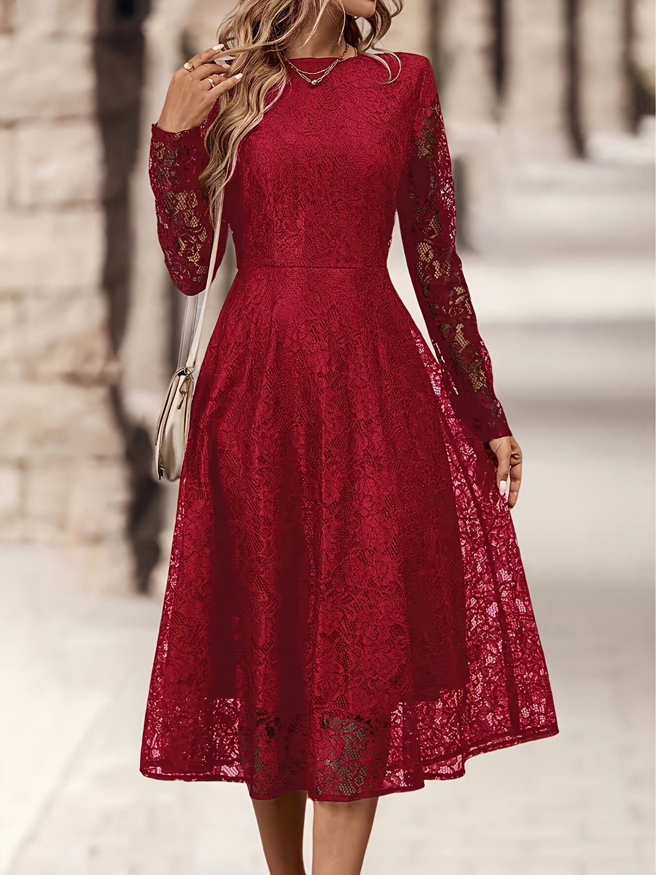 Elegant Black Lace Long Sleeve Wedding Dress for Women with Round Neck Fit And Flare Flowing Style