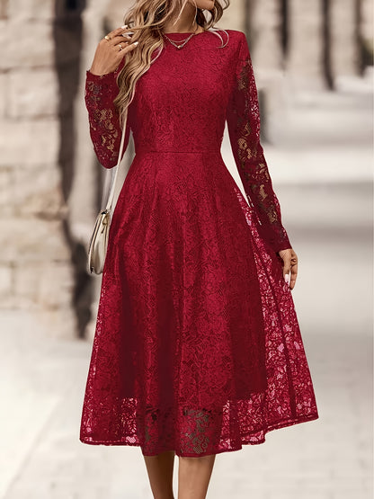 Elegant Black Lace Long Sleeve Wedding Dress for Women with Round Neck Fit And Flare Flowing Style