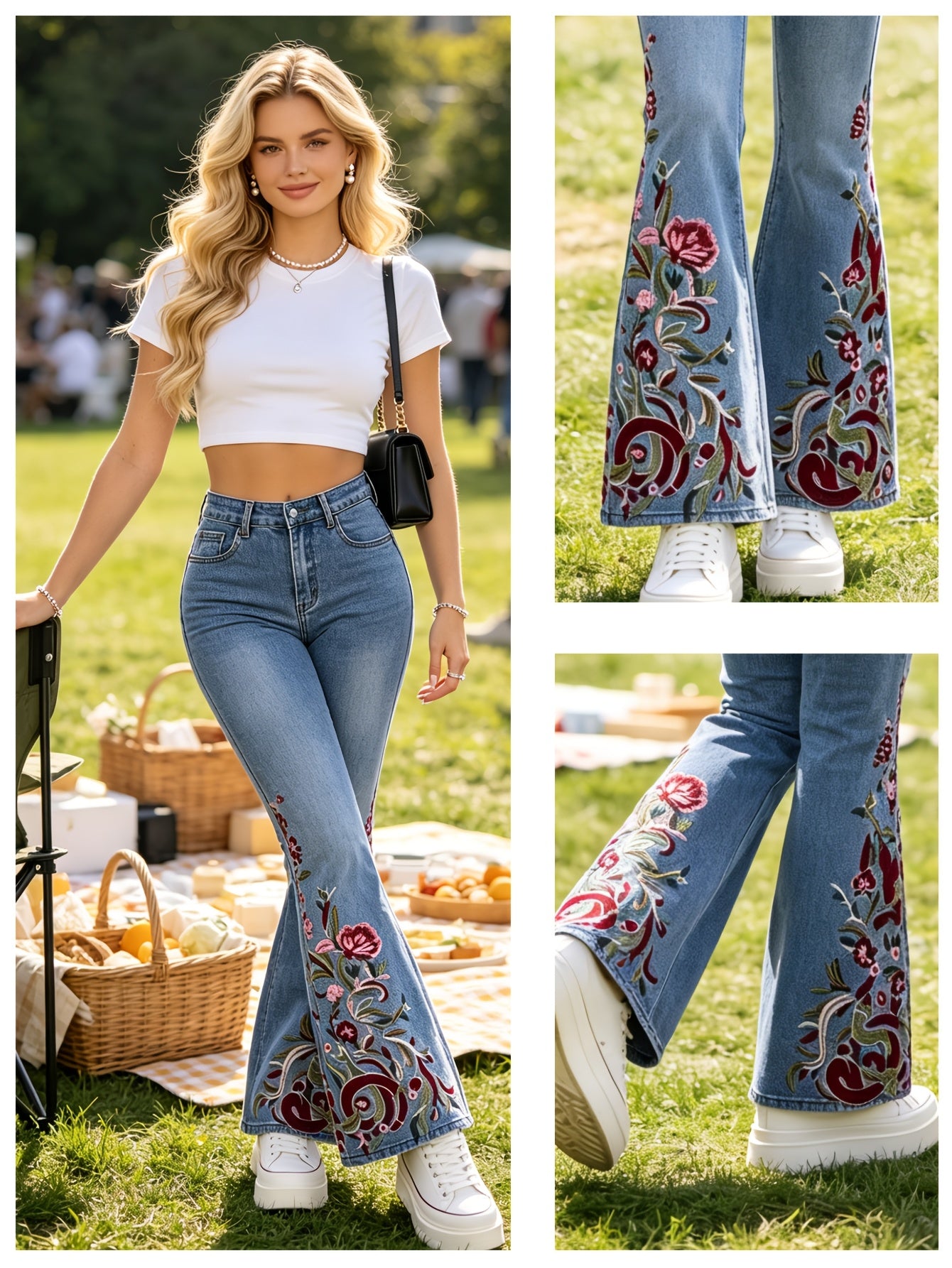 Effortless Light Blue Floral Embroidered High Waisted Jeans for Women with Flare Leg Boho Style