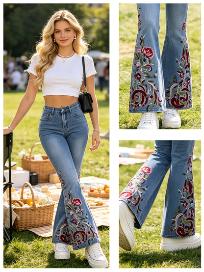 Effortless Light Blue Floral Embroidered High Waisted Jeans for Women with Flare Leg Boho Style
