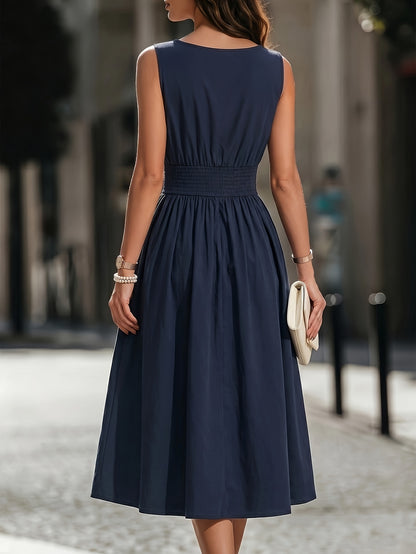 Refined Semi Formal Dress for Women with Round Neck Sleeveless Shirred Waist Fit and Flare Midi Party Style